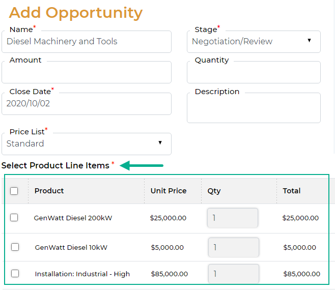 Opportunity: Product selection enabled
