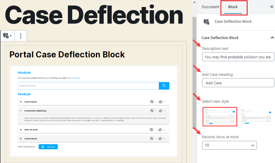Case Deflection block options