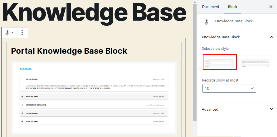 Knowledge base block options